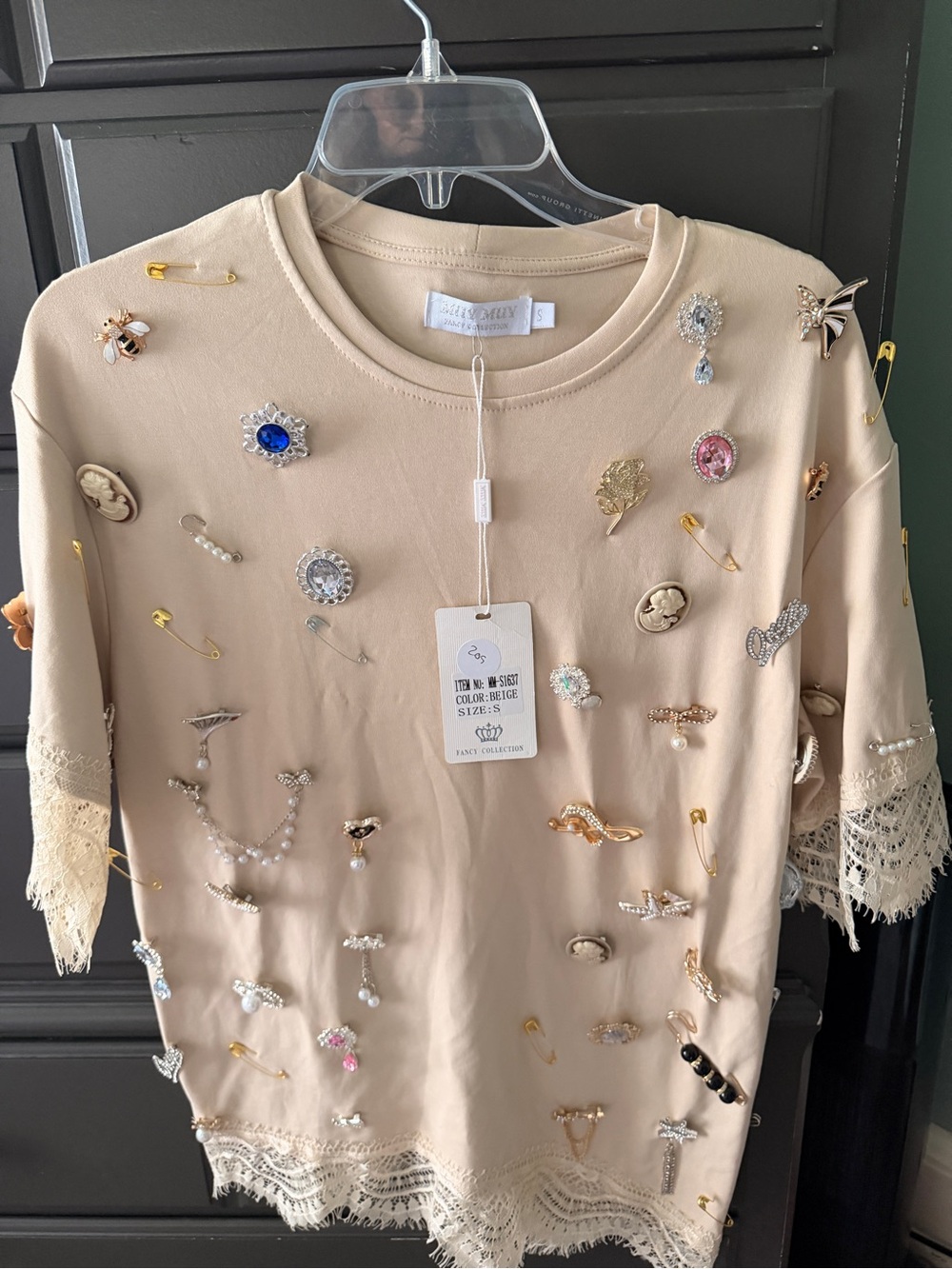 Embellished Lace-Trim Beige Women's Sweatshirt Hoodie